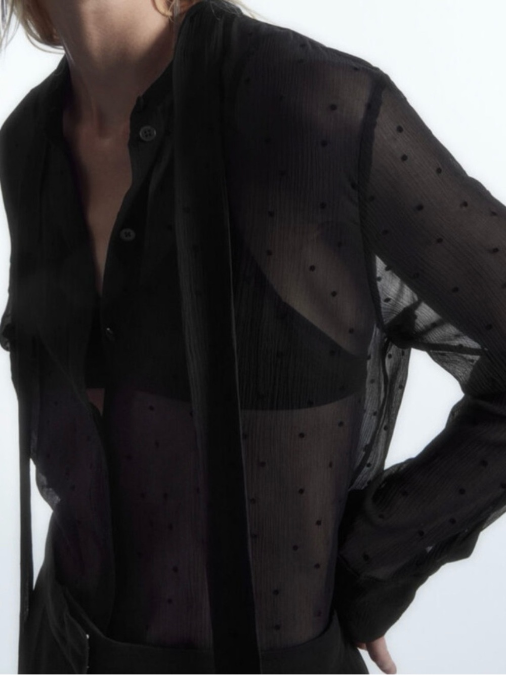 NWT COS Black Sheer Silk Polka Dot Bow-Neck Blouse